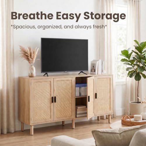 Finnhomy 4 Door Sideboard Buffet Cabinet, Kitchen Storage Cabinet with Rattan...