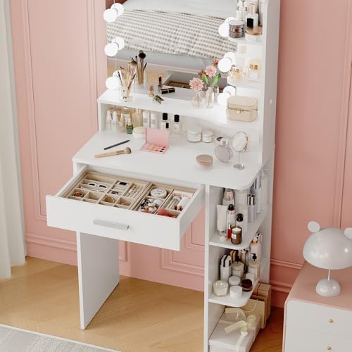 Makeup Vanity Desk with Mirror and Lights, 26.4”Small Vanity Mirror with Ligh...