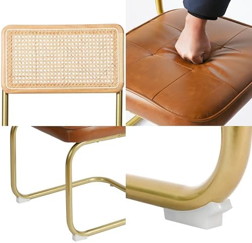 CangLong Natural Rattan Dining Chairs Set of 2, Upholstered Faux Leather Kitc...