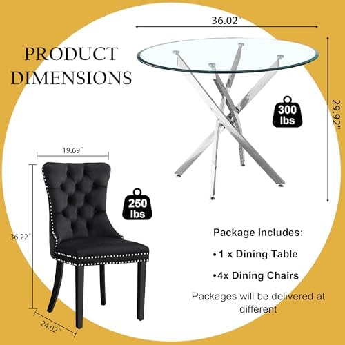 5-Piece Glass Dining Table Set for 4, Include 36" Round Tempered Glass K...