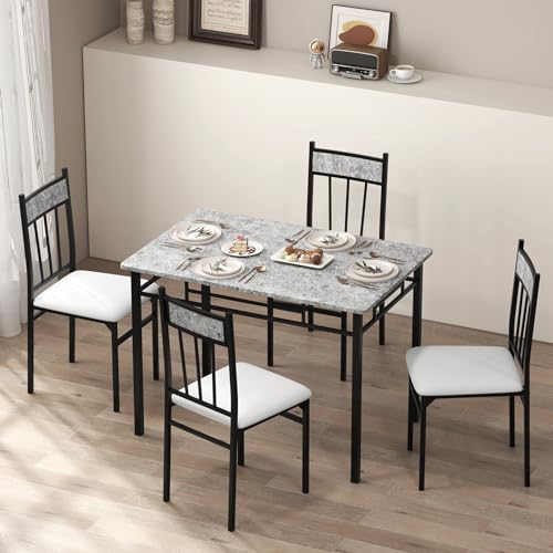 Tangkula Dining Table Set for 4, Kitchen Table and Chairs Set with Metal Fram...
