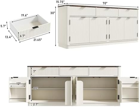 chartustriable 70” Rounded Edge Large Sideboard Buffet Cabinet with 3 Storage...