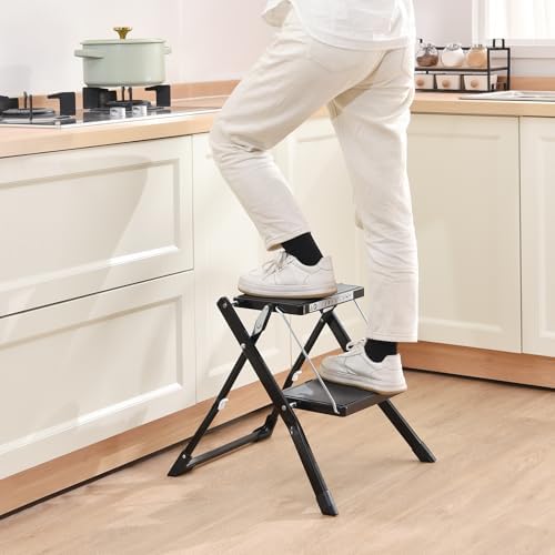 KINGRACK Folding Step Ladder, 2 Step Foldable Step Stool with Handle,Black