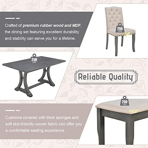Merax 6-Piece Kitchen Dining Table Set, Farmhouse Dining Table Set with Recta...