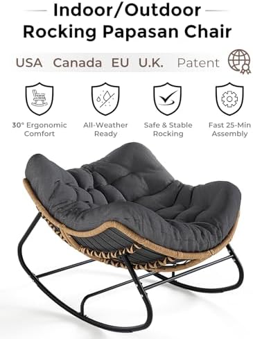 SWITTE Outdoor Rocking Papasan Chair with Thick Cushion, Dark Gray | Oversize...