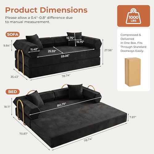 79" Convertible Futon Sofa Bed, Couch for Living Room | Black | 5-in-1 C...