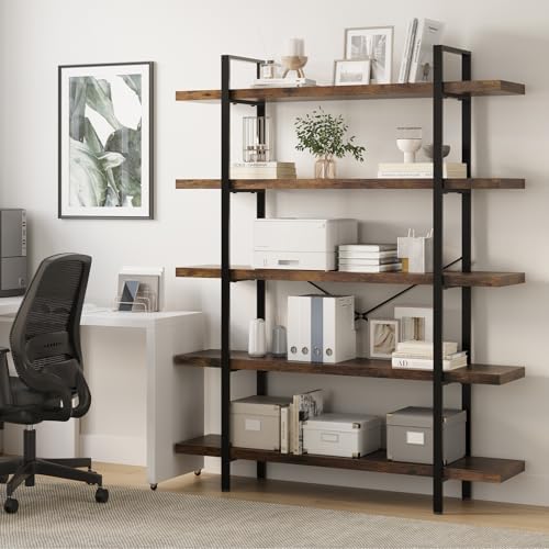 Heavy Duty 5 Tier Industrial Bookcase for Home Office, Rustic Brown
