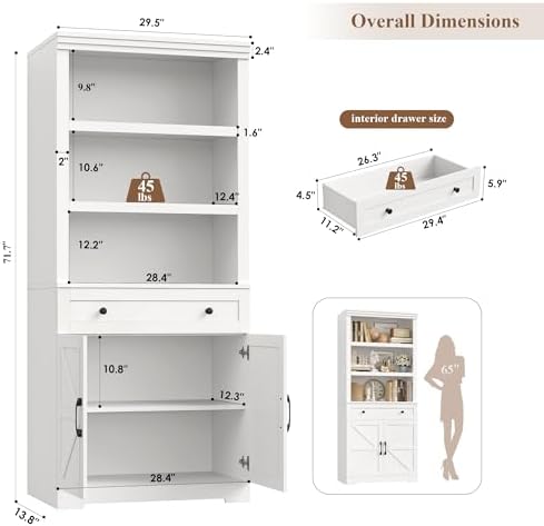 HOSTACK 72"H Bookshelf with Storage, Tall Bookcase with Deep Cabinet, White