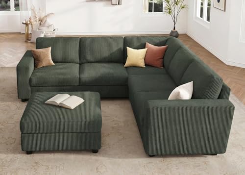 HONBAY Corduroy Sectional Sofa with Storage Ottoman, 6 Seaters L Shaped Small...