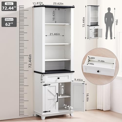 Joaxswe 72in Tall Bookshelf 7 Tier Bookcase with Drawer and Barn Doors and Ad...