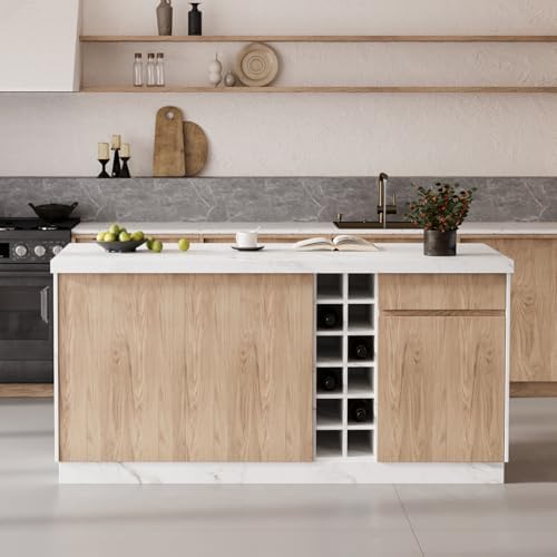 homary 72" Large White Kitchen Island with Storage & LED Lights, Woo...