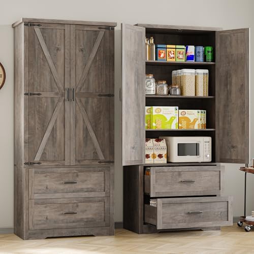 BORNOON Pantry Organizers and Storage Cabinet, 71” Barn Door White Kitchen Ca...