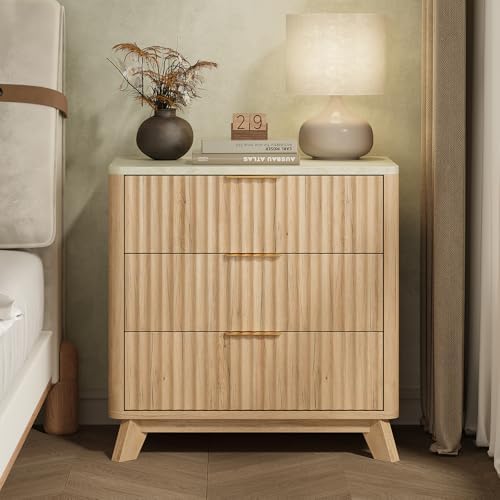 24" Tall 3 Drawers Fluted NightStand with Faux Marble Top,Natural Oak