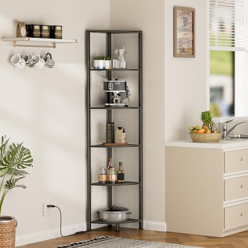 Furnulem 6 Tier Corner Shelf with LED Light, 67.5" Black Narrow Bookshelf