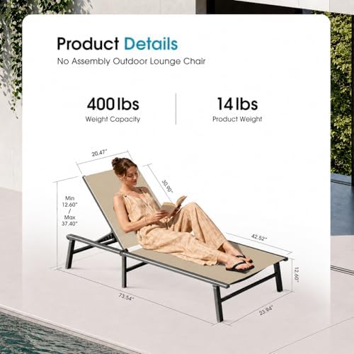 Foldable Outdoor Lounge Chair, No Assembly Patio Chaise Lounge Outdoor with 5...