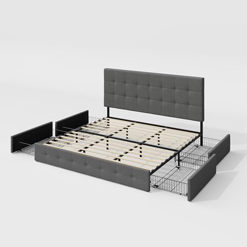 Allewie King Size Storage Bed Frame with 4 Underbed Drawers, Light Grey