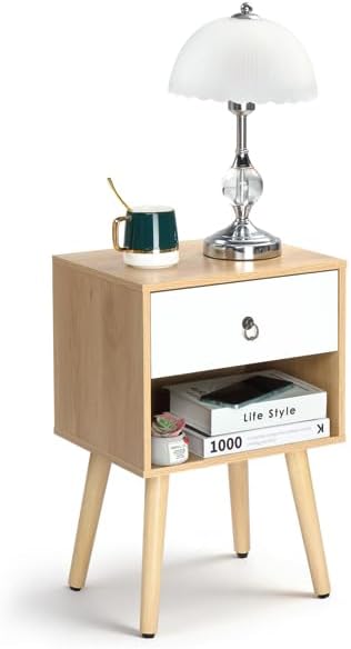Mid-Century Modern Nightstand with Drawer and Open Shelf, Bedside Table with ...