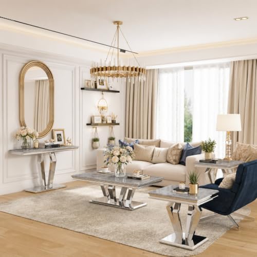 2 Piece Silver Living Room Table Set, Luxury Coffee Table Set | Gray Top, Sil...