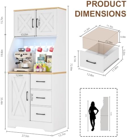 DreamDashio Pantry Cabinet with Adjustable Shelves and 3 Drawers, Tall Kitche...