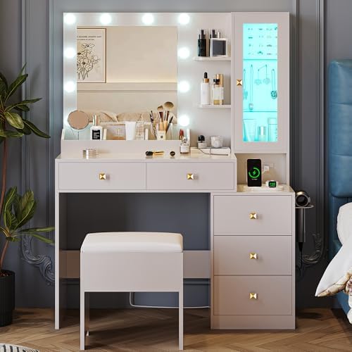 Vanity Desk with Mirror and Lights, Makeup Vanity Table Set with 5 Storage Dr...