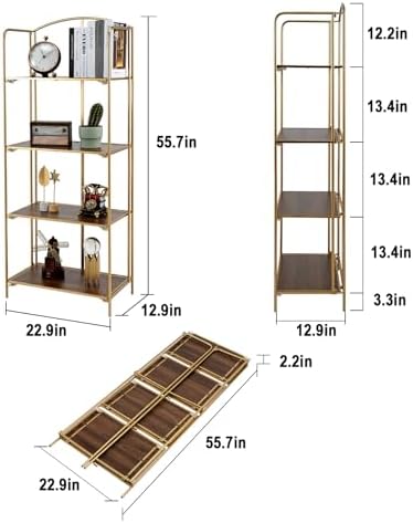 Crofy 4-Tier Foldable Bookshelf, Gold Frame & Walnut Shelves