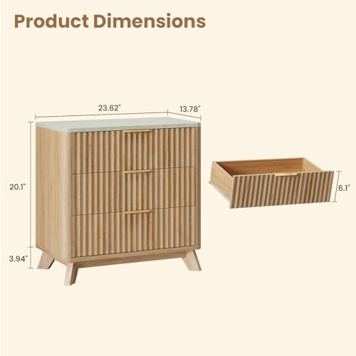 24" Tall 3 Drawers Fluted NightStand with Faux Marble Top,Natural Oak