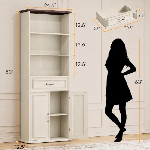Cyclysio 80" Tall Bookcase with Drawer and Doors, Antique White/Walnut