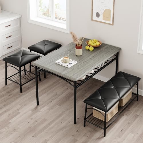 GAOMON Dining Table with Benches, Kitchen Table Set for 4, Dining Room Table ...
