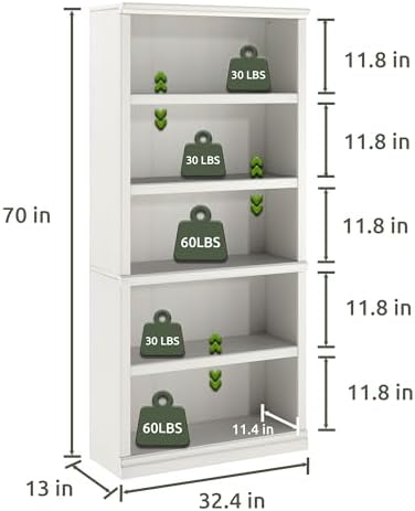 Bevfint 70-Inch Tall White Bookcase, 5 Tiers Shelves Open Storage Bookshelf