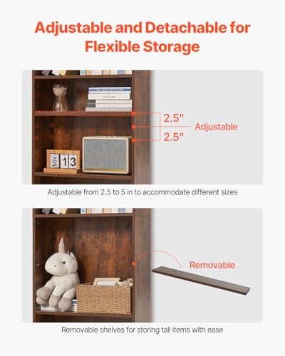 VEVOR 5 Tiers Narrow Bookshelf, 53 in Wooden Open Bookcase with Height-Adjust...