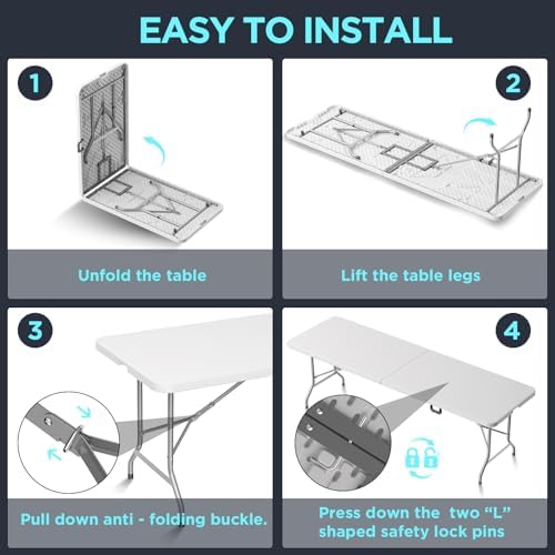 Folding Table Picnic Table, 8 ft Camping Table with Handle and Safety Locks |...
