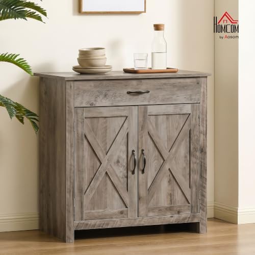 HOMCOM Farmhouse Sideboard Buffet Cabinet Barn Door Gray