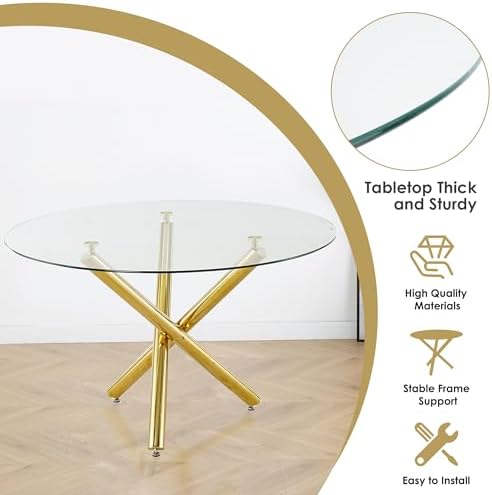 5 Piece Golden Luxury Round Glass Dining Set, Modern Minimalist Circle Kitche...