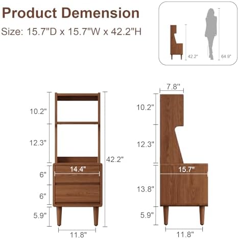 Solid Wood Bookshelf Nightstand Combo, Tall Nightstand with Bookshelf