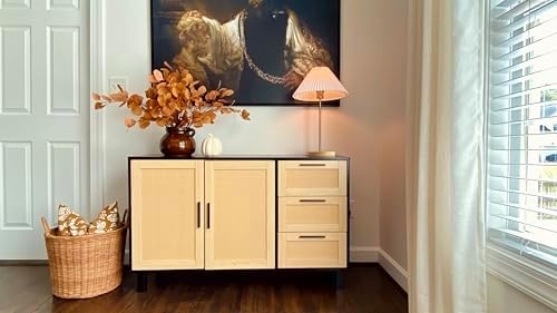 PHI VILLA Black Rattan Cabinet with Doors, Buffet Sideboard Cabinet with Draw...