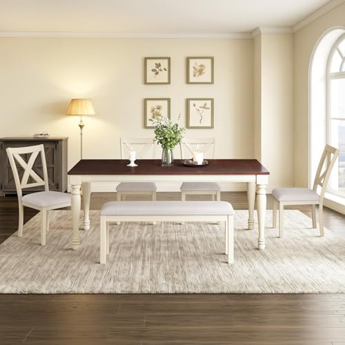 LUXOAK 6 Piece Solid Wood Dining Table Set with 71" Farmhouse Table