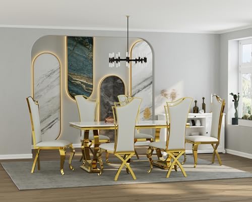 ACEDÉCOR 7 Piece Dining Table Set, Luxury White and Gold Kitchen and Dining R...