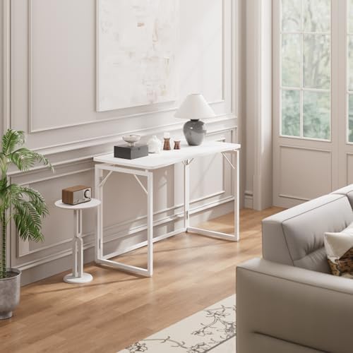 JOYMOOP 31.5" White Folding Desk, No Assembly, Wooden Top, Small Size