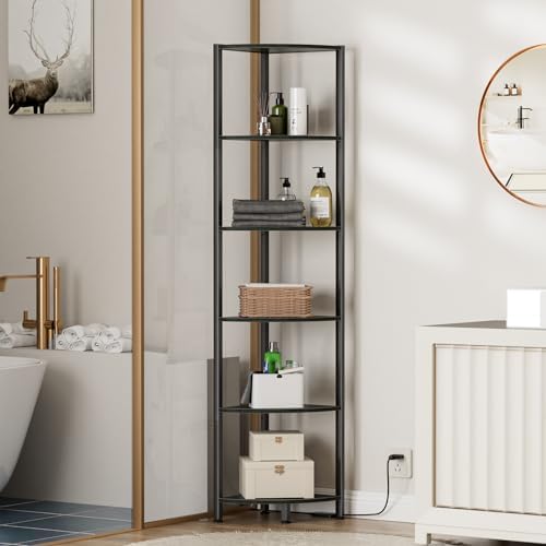 Furnulem 6 Tier Corner Shelf with LED Light, 67.5" Black Narrow Bookshelf