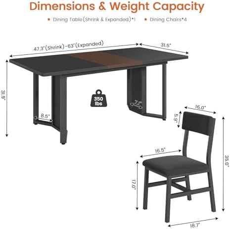 Itaar 5-Piece Dining Table Set for 4-6 People, 63" Extendable Kitchen Ta...