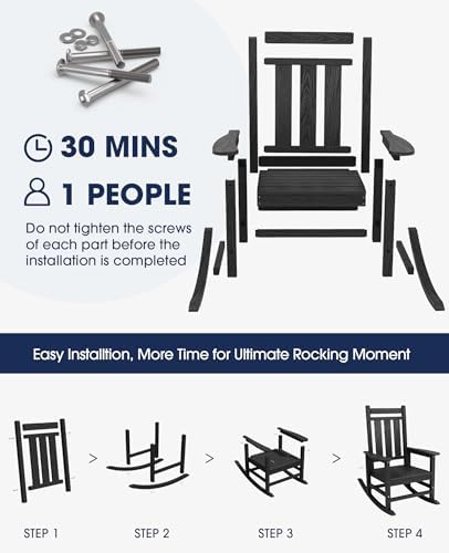 KINGYES Oversized Outdoor Rocking Chair Set of 2, HDPE Patio Rockers, Black |...