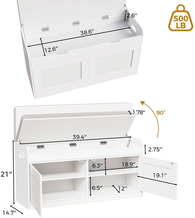 2-Tier Storage Bench, 39.4" Wide Shoe Bench with Lift-Up Top, Shoe Stora...