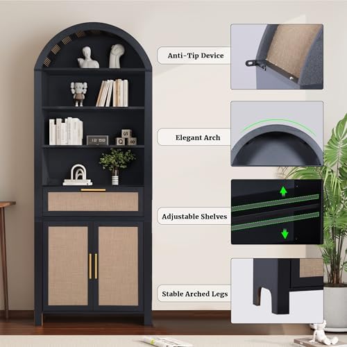 Janmer Home 79" Tall Arched Bookcase Cabinet with Doors, Black,Rattan