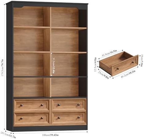 FINETONES 71" Tall Bookshelf with 4 Drawers Large Bookshelf Office Bookcase