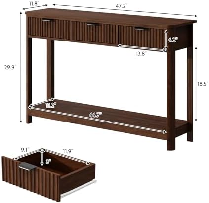 HOKYHOKY Fluted Console Table with Drawers, 47.1" Entryway Table, Walnut...
