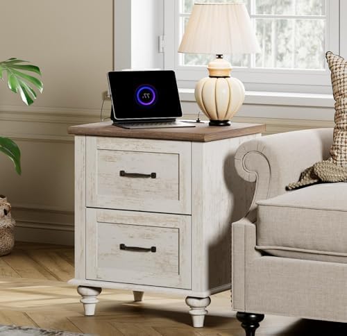 WAMPAT Nightstand Side Table with Charging Station, Antique White End Table with 2 Drawers for Living Room, Elegant Night Stand Bedside Table for Bedroom, Dorm