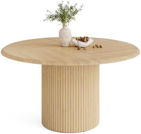 LITTLE TREE 47 Inches Round Dining Table for 4, Farmhouse Natural Wooden Dini...