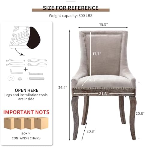 Upholstered Dining Chairs Set of 8, Beige Fabric Kitchen Chair with Nailhead ...