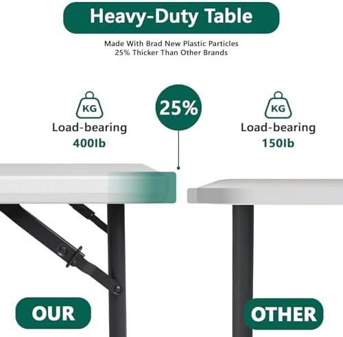 Folding Table 1 Pack, 4FT Folding Table with Adjustable Height, Heavy Duty Pl...