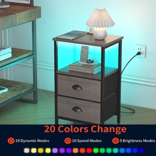sthmec Nightstand with Charging Station, LED Night Stand Set of 2, Bedside Ta...